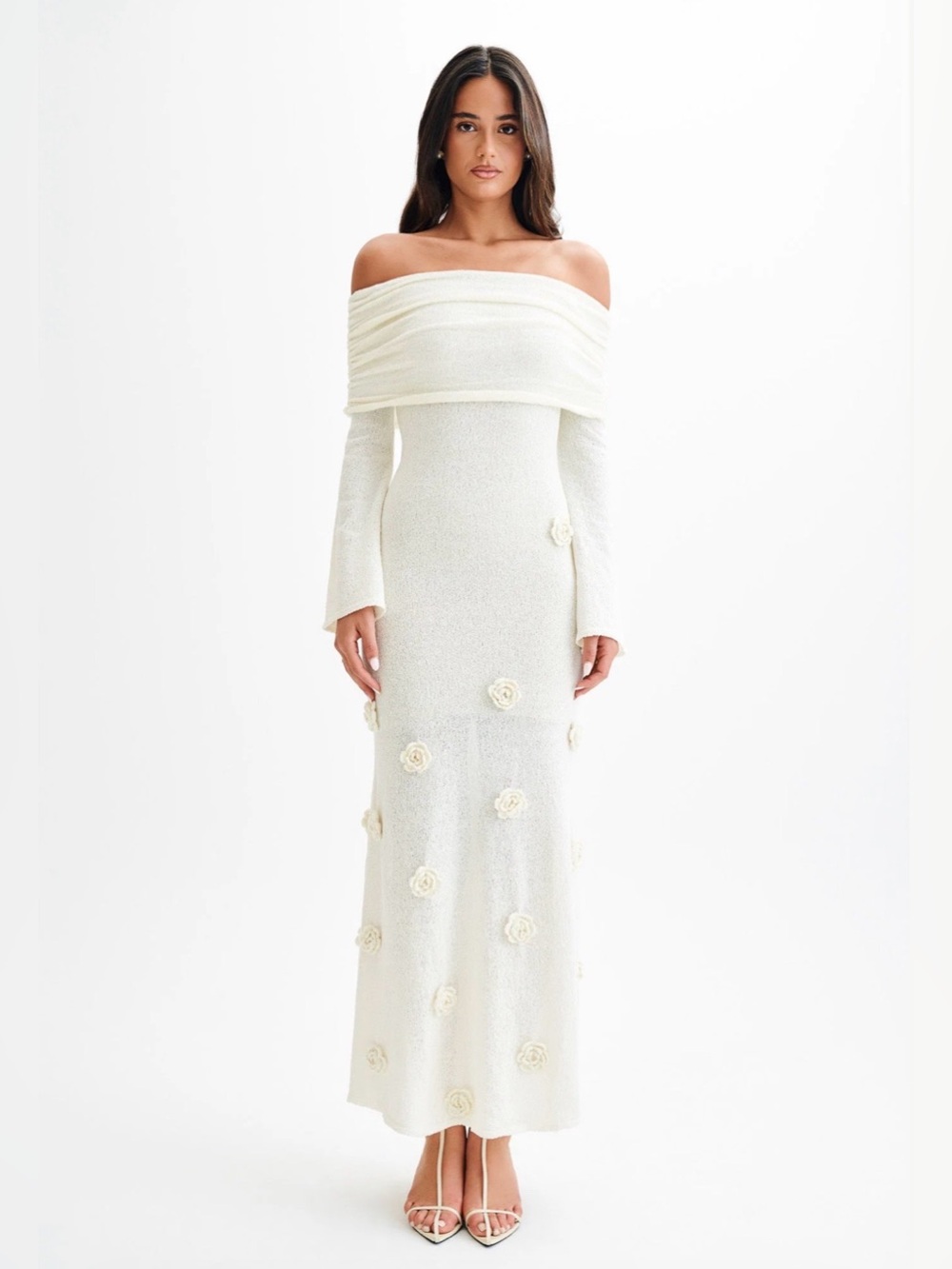 Kiki Off Shoulder Knit Rose Maxi Dress - Ivory